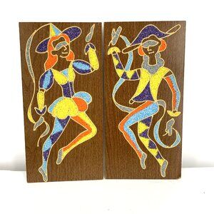 Harlequin Jester Dancers Gravel Wall Art 15.5 x 7.75" Set of 2 MCM